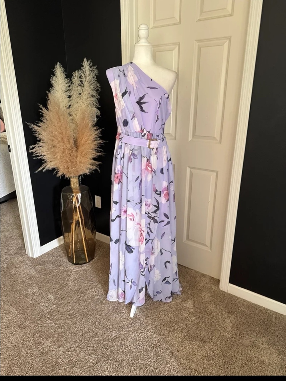 NWT FEHAUTE Ruched Slit Chiffon One Shoulder A-Line Gown Maxi Dress size 12/Lrg - Picture 2 of 12